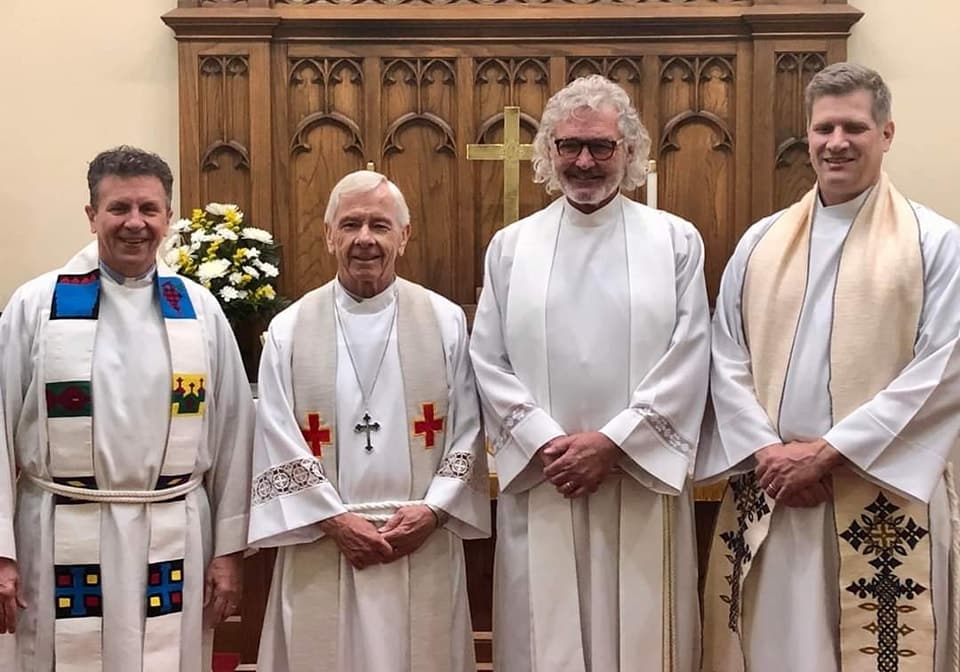 (right to left) the Rev. Jeff Morlock, Bishop Dan Selbo, the Rev. Dr. Eric M. Riesen, the Rev. Dr. Nathan H. Yoder